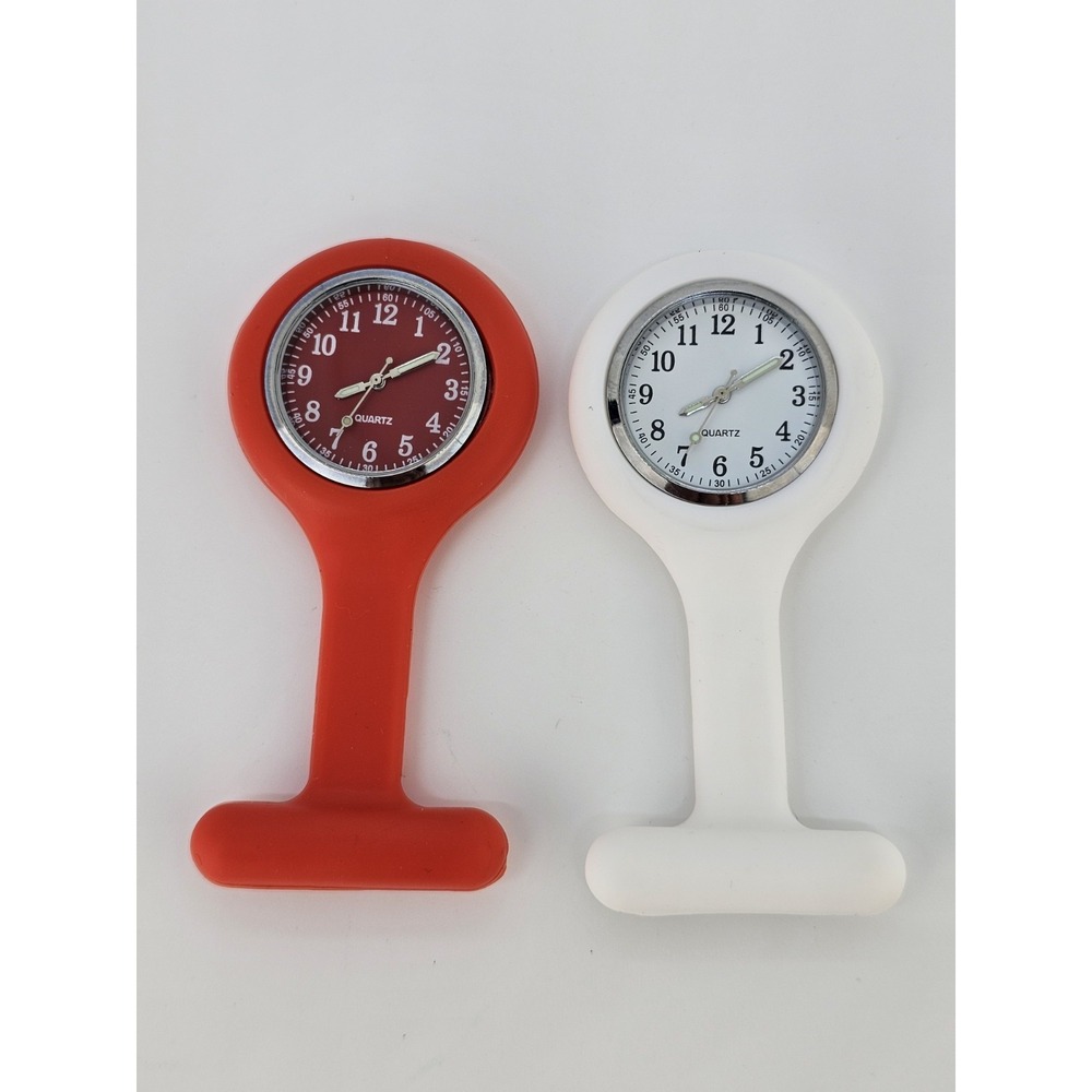 2X Nurse Watch White Red Silicone Nurse Watch Brooch Tunic Fob Watch New Battery